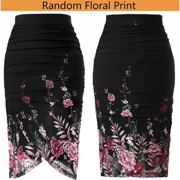 VFSHOW Womens Black Pink Floral Print Ruched Ruffle Shirred High Waist Asymmetric Wrap Casual Party Bodycon Pencil Skirt 9906 BLK 3XLVFSHOW Womens Black Pink Floral Print Ruched Ruffle Shirred High Waist Asymmetric Wrap Casual Party Bodycon Pencil Skirt 9906 BLK 3XL