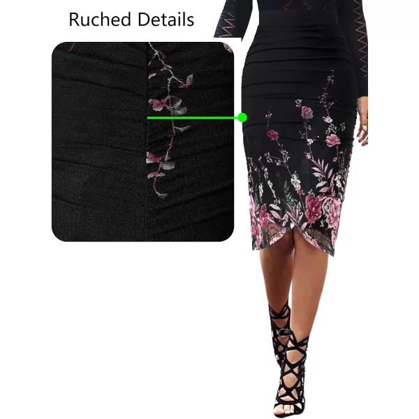 VFSHOW Womens Black Pink Floral Print Ruched Ruffle Shirred High Waist Asymmetric Wrap Casual Party Bodycon Pencil Skirt 9906 BLK XLVFSHOW Womens Black Pink Floral Print Ruched Ruffle Shirred High Waist Asymmetric Wrap Casual Party Bodycon Pencil Skirt 9906 BLK XL