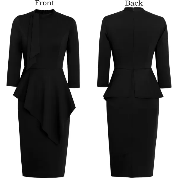 VFSHOW Womens Bow Tie Neck Asymmetrical Peplum Slim Work Business Office Pencil DressBlack Tie Neck