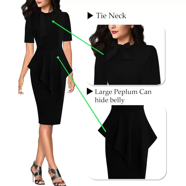 VFSHOW Womens Bow Tie Neck Asymmetrical Peplum Slim Work Business Office Pencil DressBlackshort Sleeve2