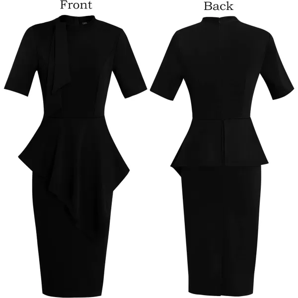 VFSHOW Womens Bow Tie Neck Asymmetrical Peplum Slim Work Business Office Pencil DressBlackshort Sleeve2