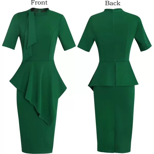 VFSHOW Womens Bow Tie Neck Asymmetrical Peplum Slim Work Business Office Pencil DressGreenshort Sleeve2