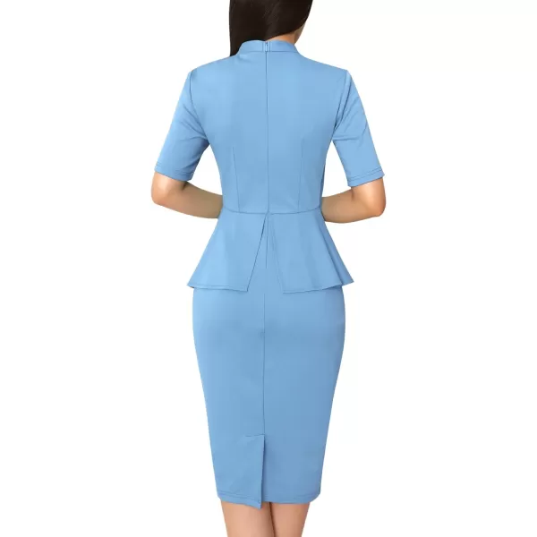 VFSHOW Womens Bow Tie Neck Asymmetrical Peplum Slim Work Business Office Pencil DressLight Blue Short Sleeve