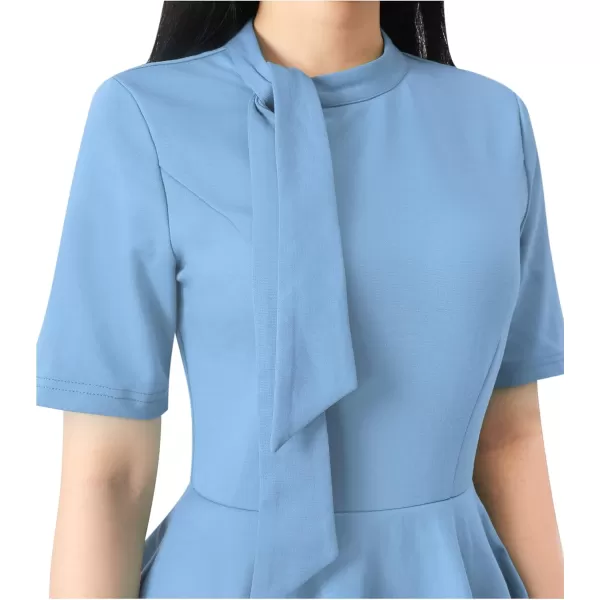 VFSHOW Womens Bow Tie Neck Asymmetrical Peplum Slim Work Business Office Pencil DressLight Blue Short Sleeve