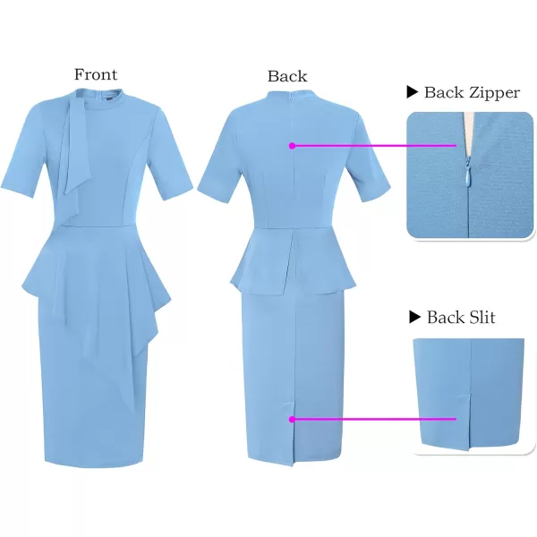 VFSHOW Womens Bow Tie Neck Asymmetrical Peplum Slim Work Business Office Pencil DressLight Blue Short Sleeve