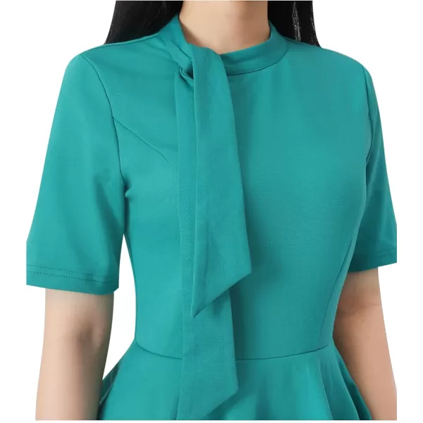 VFSHOW Womens Bow Tie Neck Asymmetrical Peplum Slim Work Business Office Pencil DressLight Green Short Sleeve