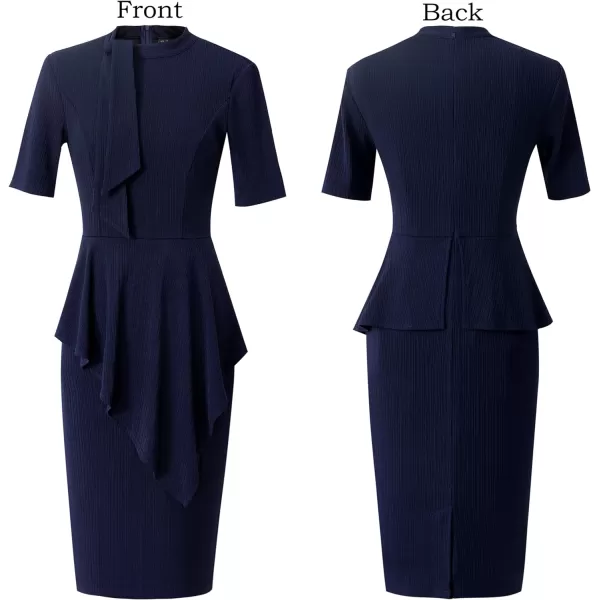 VFSHOW Womens Bow Tie Neck Asymmetrical Peplum Slim Work Business Office Pencil DressNavy Blueshort Sleeve