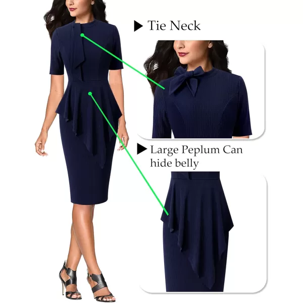 VFSHOW Womens Bow Tie Neck Asymmetrical Peplum Slim Work Business Office Pencil DressNavy Blueshort Sleeve