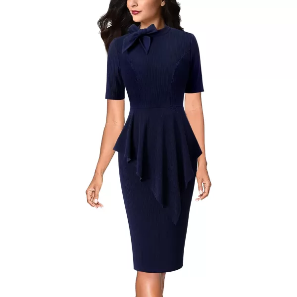 VFSHOW Womens Bow Tie Neck Asymmetrical Peplum Slim Work Business Office Pencil DressNavy Blueshort Sleeve