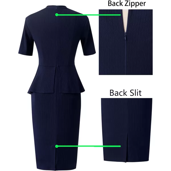 VFSHOW Womens Bow Tie Neck Asymmetrical Peplum Slim Work Business Office Pencil DressNavy Blueshort Sleeve