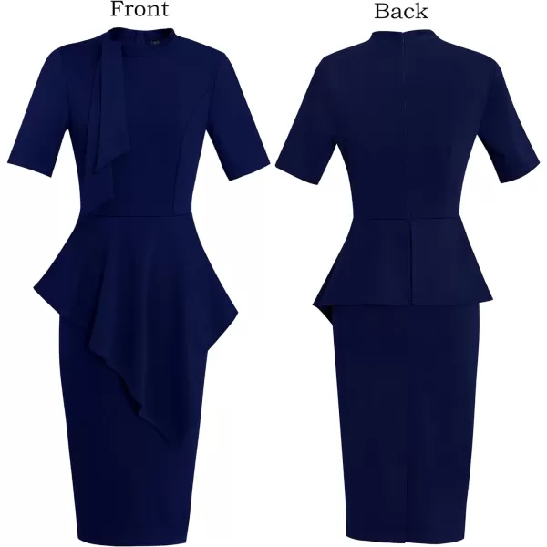 VFSHOW Womens Bow Tie Neck Asymmetrical Peplum Slim Work Business Office Pencil DressNavy Blueshort Sleeve2