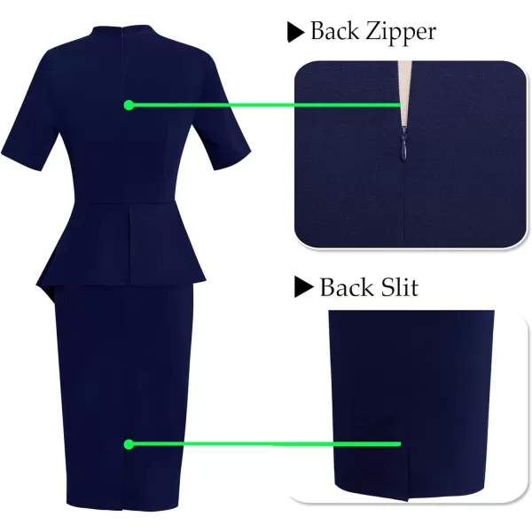 VFSHOW Womens Bow Tie Neck Asymmetrical Peplum Slim Work Business Office Pencil DressNavy Blueshort Sleeve2