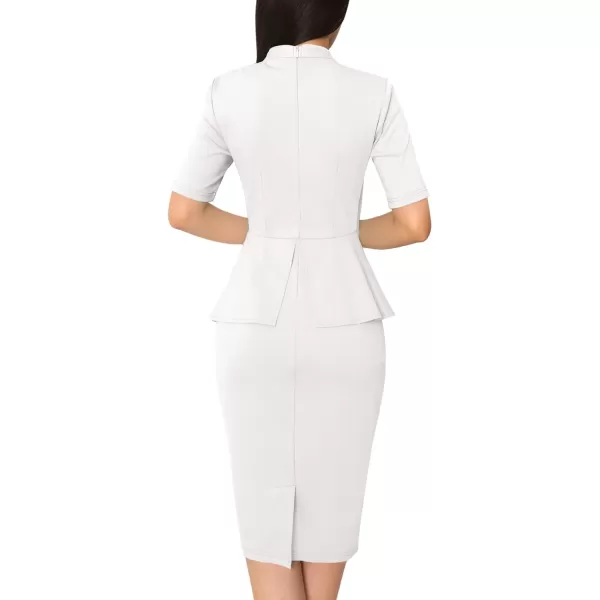 VFSHOW Womens Bow Tie Neck Asymmetrical Peplum Slim Work Business Office Pencil DressOff White2