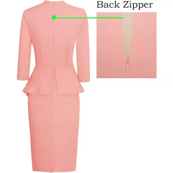 VFSHOW Womens Bow Tie Neck Asymmetrical Peplum Slim Work Business Office Pencil DressPeach Pink Tie Neck