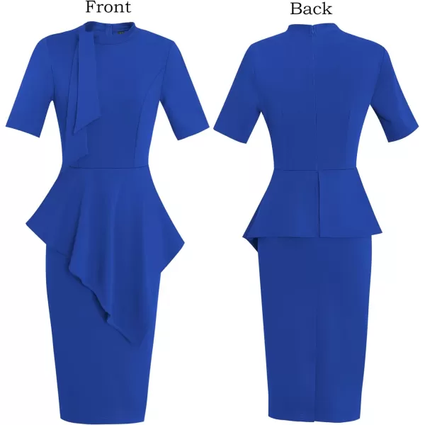 VFSHOW Womens Bow Tie Neck Asymmetrical Peplum Slim Work Business Office Pencil DressRoyal Blueshort Sleeve2