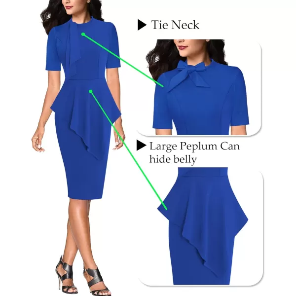 VFSHOW Womens Bow Tie Neck Asymmetrical Peplum Slim Work Business Office Pencil DressRoyal Blueshort Sleeve2