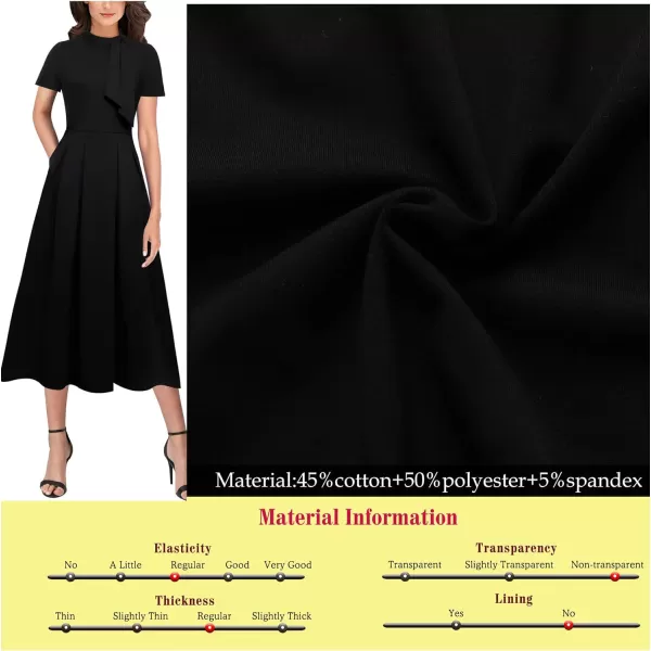 VFSHOW Womens Bow Tie Neck Pockets Pleated Work Business Office Party ALine Midi DressBlack2