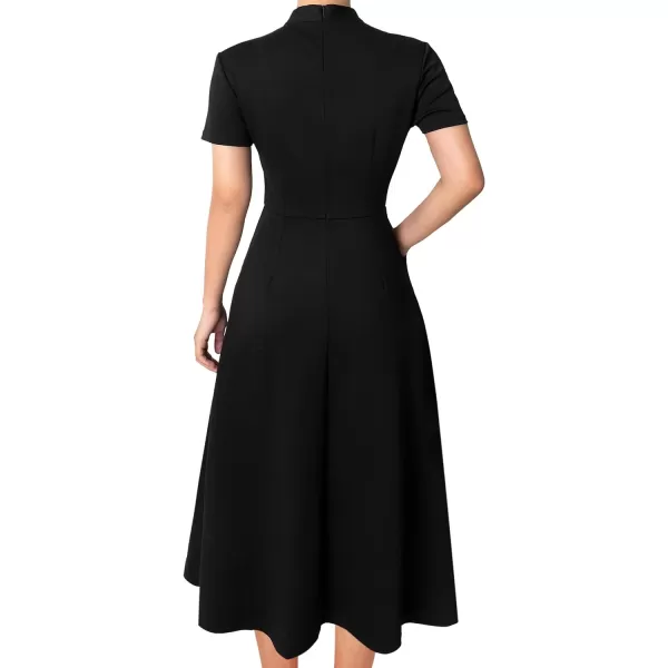 VFSHOW Womens Bow Tie Neck Pockets Pleated Work Business Office Party ALine Midi DressBlack2