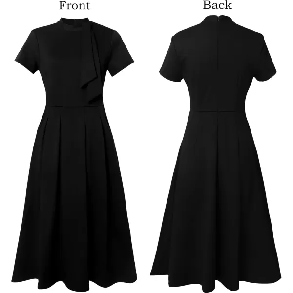 VFSHOW Womens Bow Tie Neck Pockets Pleated Work Business Office Party ALine Midi DressBlack2