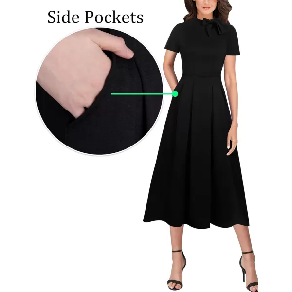 VFSHOW Womens Bow Tie Neck Pockets Pleated Work Business Office Party ALine Midi DressBlack2