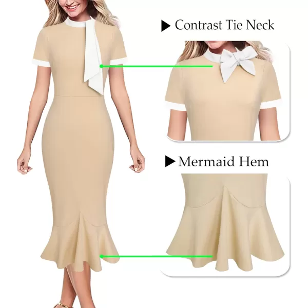 VFSHOW Womens Bow Tie Neck Vintage Cocktail Party Bodycon Pencil Mermaid Midi DressBeige and White