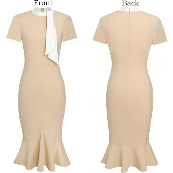 VFSHOW Womens Bow Tie Neck Vintage Cocktail Party Bodycon Pencil Mermaid Midi DressBeige and White