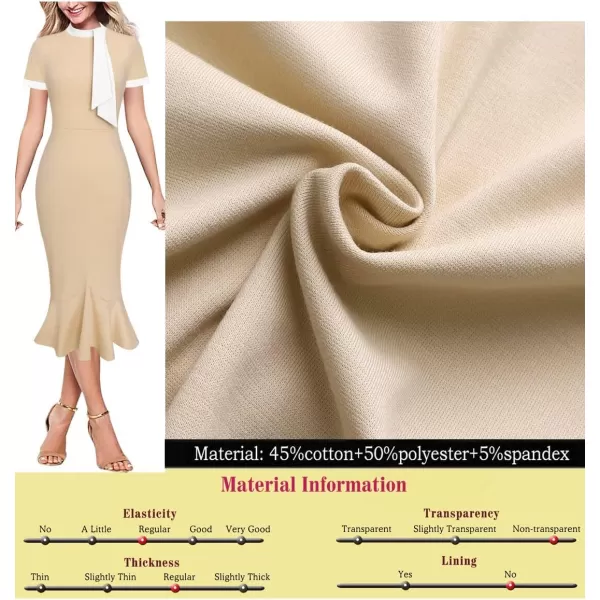 VFSHOW Womens Bow Tie Neck Vintage Cocktail Party Bodycon Pencil Mermaid Midi DressBeige and White