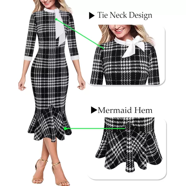 VFSHOW Womens Bow Tie Neck Vintage Cocktail Party Bodycon Pencil Mermaid Midi DressBlack and Houndstooth Plaid