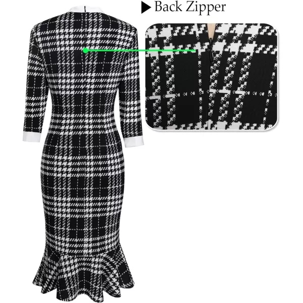 VFSHOW Womens Bow Tie Neck Vintage Cocktail Party Bodycon Pencil Mermaid Midi DressBlack and Houndstooth Plaid