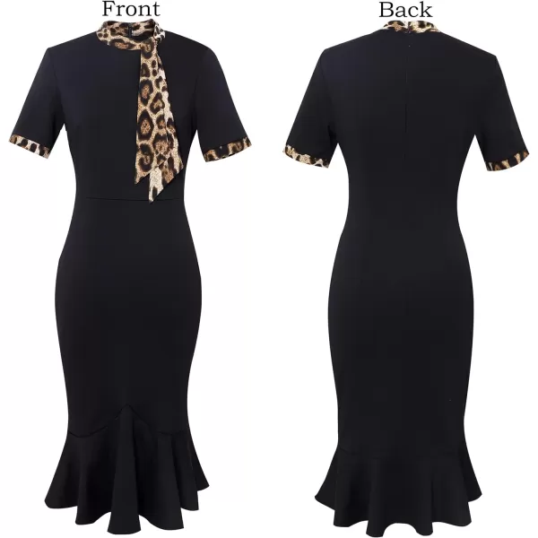 VFSHOW Womens Bow Tie Neck Vintage Cocktail Party Bodycon Pencil Mermaid Midi DressBlack and Leopard Print