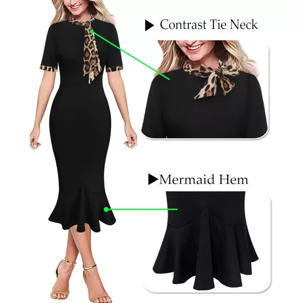 VFSHOW Womens Bow Tie Neck Vintage Cocktail Party Bodycon Pencil Mermaid Midi DressBlack and Leopard Print