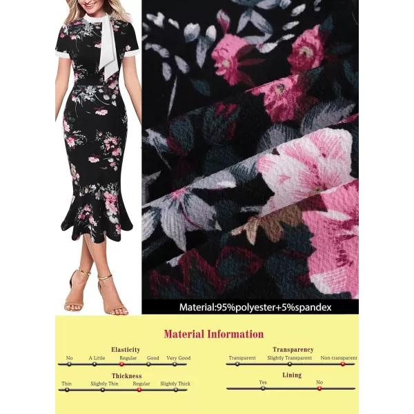 VFSHOW Womens Bow Tie Neck Vintage Cocktail Party Bodycon Pencil Mermaid Midi DressBlack and Multi Floral Print