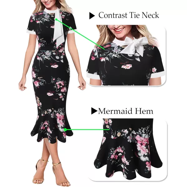 VFSHOW Womens Bow Tie Neck Vintage Cocktail Party Bodycon Pencil Mermaid Midi DressBlack and Multi Floral Print