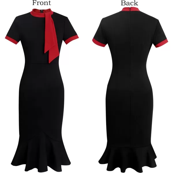 VFSHOW Womens Bow Tie Neck Vintage Cocktail Party Bodycon Pencil Mermaid Midi DressBlack and Red