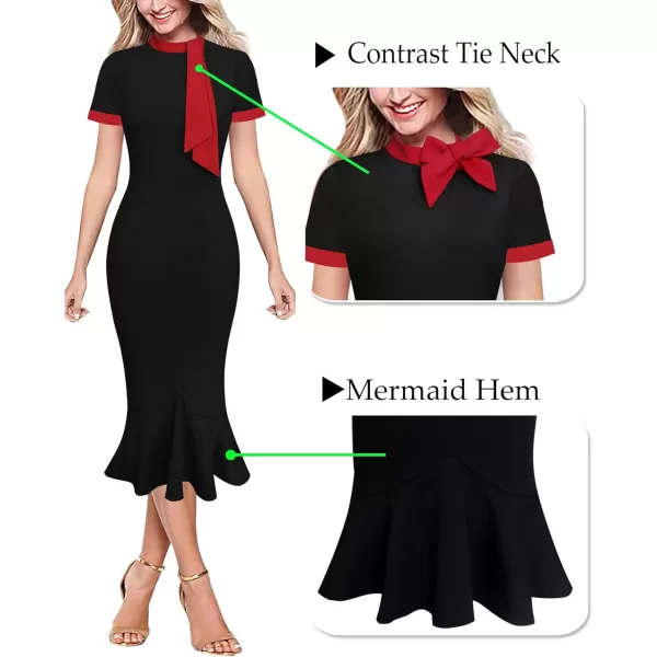 VFSHOW Womens Bow Tie Neck Vintage Cocktail Party Bodycon Pencil Mermaid Midi DressBlack and Red