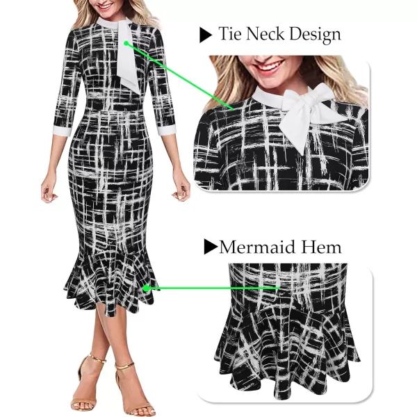 VFSHOW Womens Bow Tie Neck Vintage Cocktail Party Bodycon Pencil Mermaid Midi DressBlack and White Geometric Print