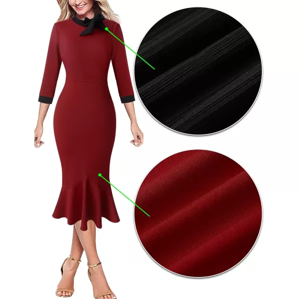 VFSHOW Womens Bow Tie Neck Vintage Cocktail Party Bodycon Pencil Mermaid Midi DressDark Red and Black