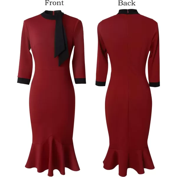 VFSHOW Womens Bow Tie Neck Vintage Cocktail Party Bodycon Pencil Mermaid Midi DressDark Red and Black