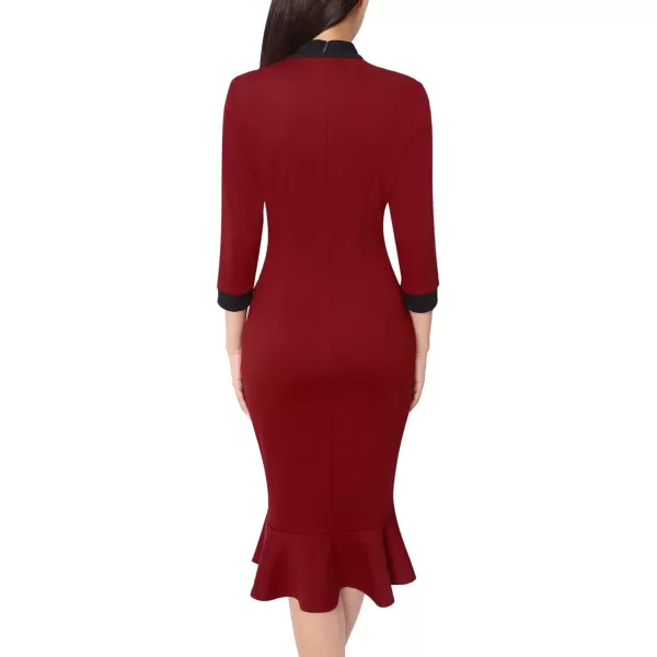 VFSHOW Womens Bow Tie Neck Vintage Cocktail Party Bodycon Pencil Mermaid Midi DressDark Red and Black