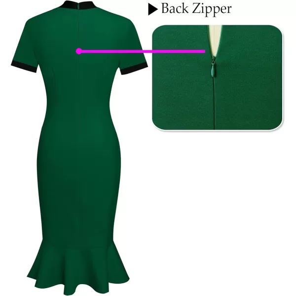 VFSHOW Womens Bow Tie Neck Vintage Cocktail Party Bodycon Pencil Mermaid Midi DressGreen and Black