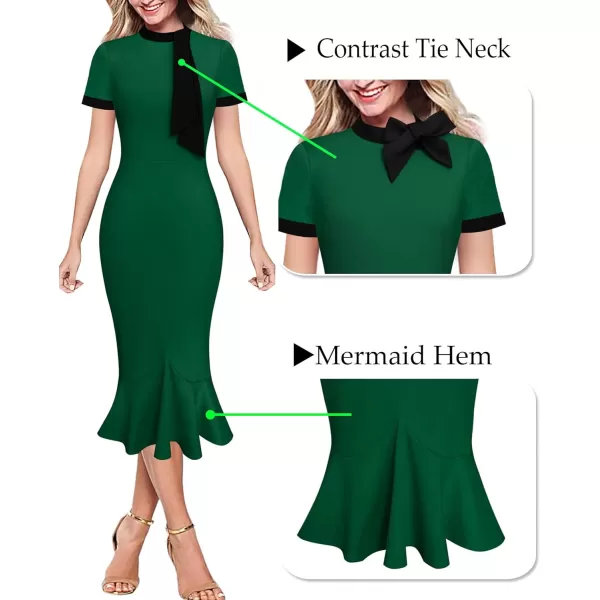 VFSHOW Womens Bow Tie Neck Vintage Cocktail Party Bodycon Pencil Mermaid Midi DressGreen and Black