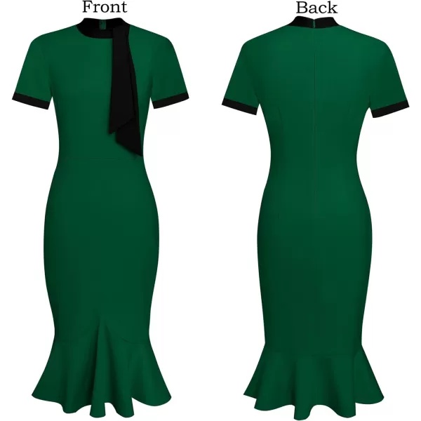 VFSHOW Womens Bow Tie Neck Vintage Cocktail Party Bodycon Pencil Mermaid Midi DressGreen and Black