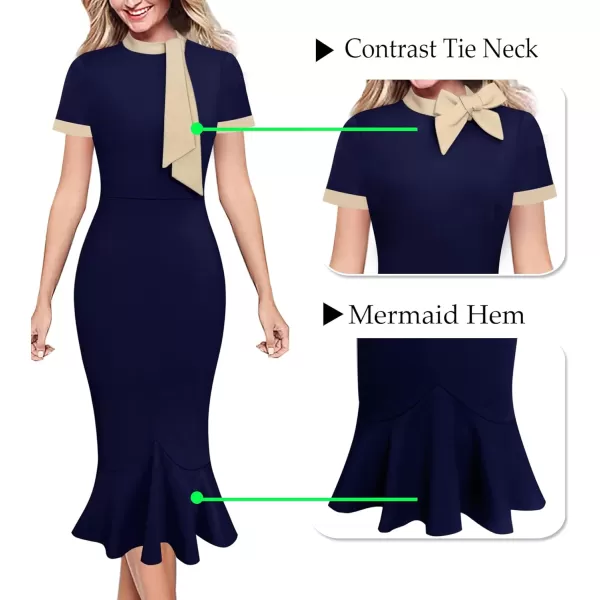 VFSHOW Womens Bow Tie Neck Vintage Cocktail Party Bodycon Pencil Mermaid Midi DressNavy Blue and Beige