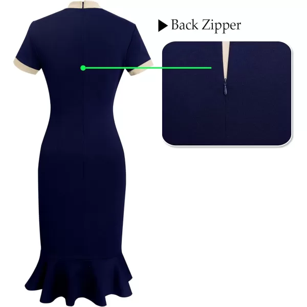 VFSHOW Womens Bow Tie Neck Vintage Cocktail Party Bodycon Pencil Mermaid Midi DressNavy Blue and Beige