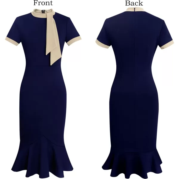 VFSHOW Womens Bow Tie Neck Vintage Cocktail Party Bodycon Pencil Mermaid Midi DressNavy Blue and Beige