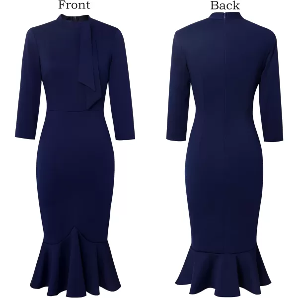 VFSHOW Womens Bow Tie Neck Vintage Cocktail Party Bodycon Pencil Mermaid Midi DressNavy Bluetie Neck