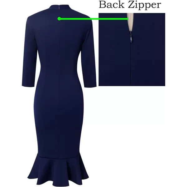 VFSHOW Womens Bow Tie Neck Vintage Cocktail Party Bodycon Pencil Mermaid Midi DressNavy Bluetie Neck