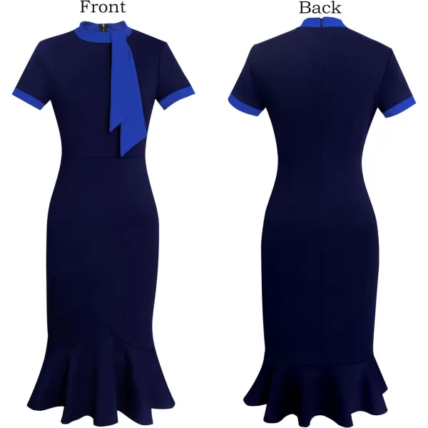 VFSHOW Womens Bow Tie Neck Vintage Cocktail Party Bodycon Pencil Mermaid Midi DressNavy and Royal Blue