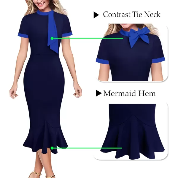 VFSHOW Womens Bow Tie Neck Vintage Cocktail Party Bodycon Pencil Mermaid Midi DressNavy and Royal Blue