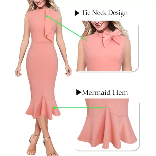 VFSHOW Womens Bow Tie Neck Vintage Cocktail Party Bodycon Pencil Mermaid Midi DressPeach Tie Neck2